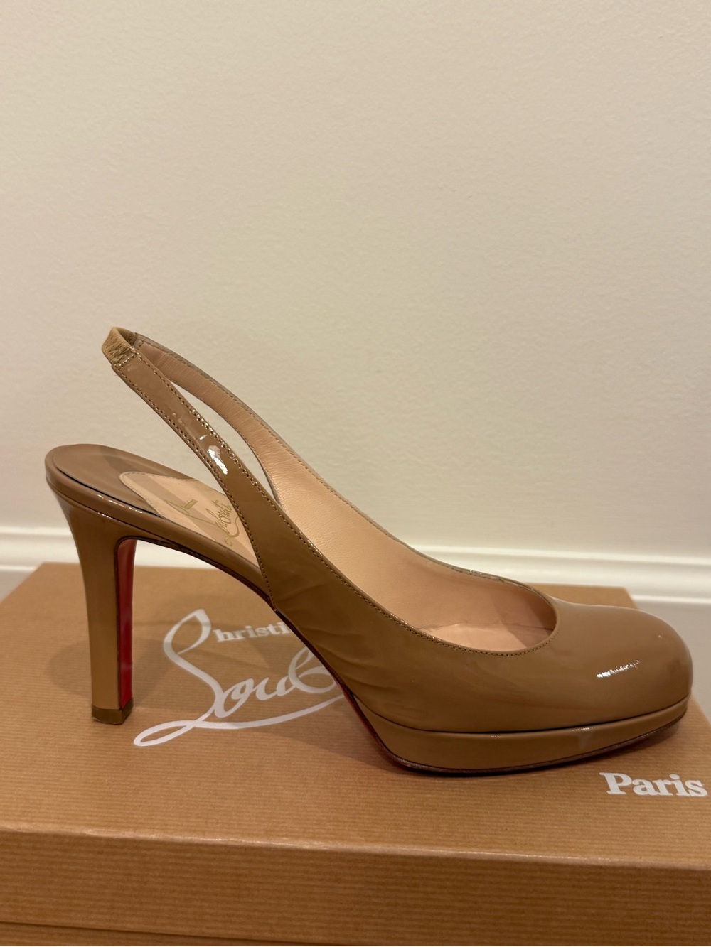 Christian Louboutin Patent Slingback Pump in Nude Brown
